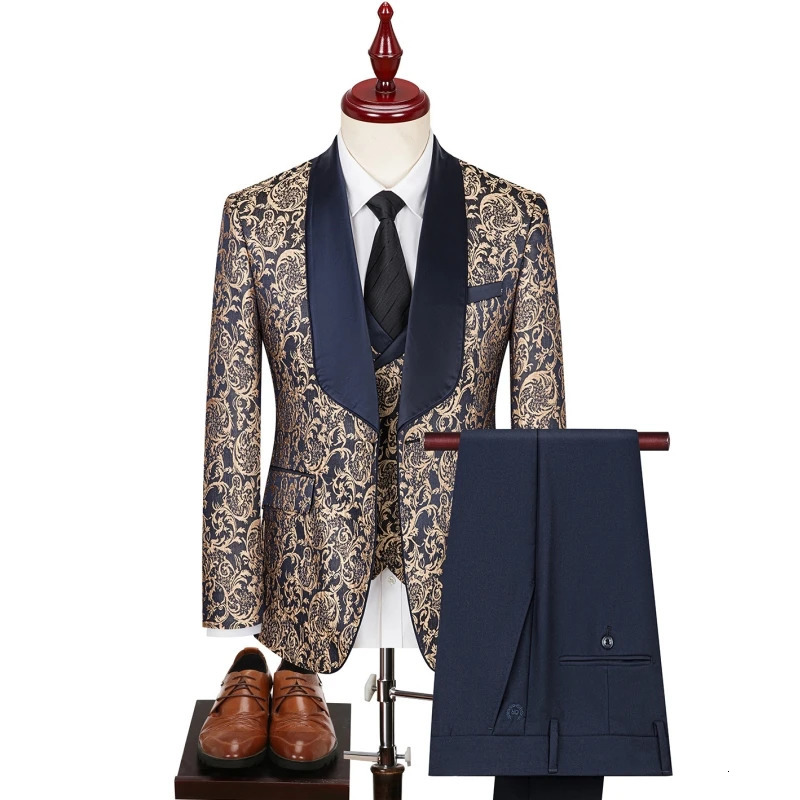 Lansboter Green Men Suit 3 Pieces Printed Striped With Lapel For Wedding Banquet Work Business Tuxedo Set Jacket Vest With Pants 241111