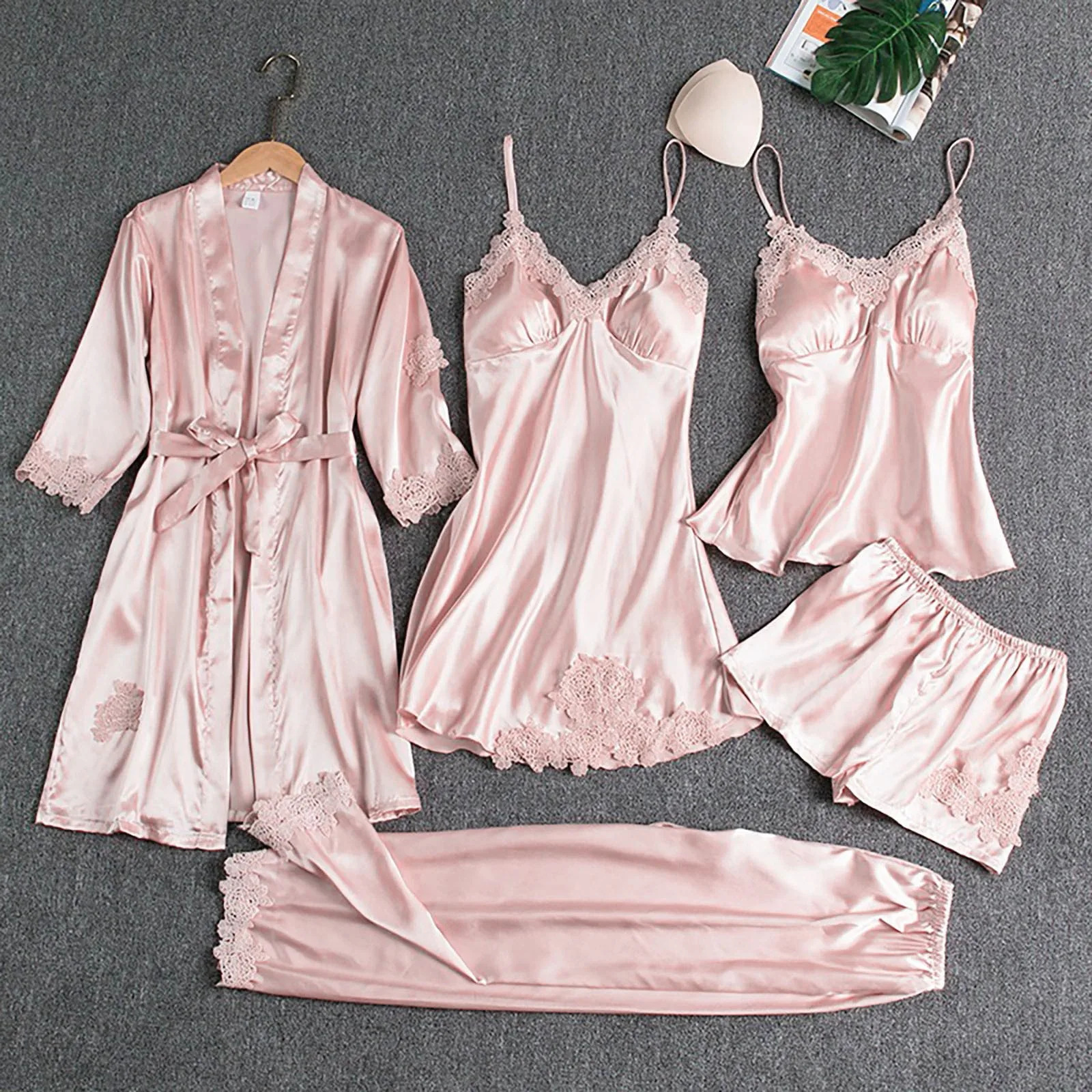 Womens Satin Pajama Set 5-piece Silk Pajama Lace Satin Short Set Womens Evening Dress 241112