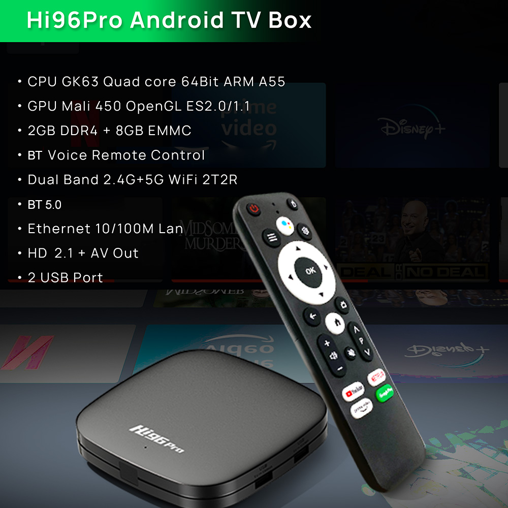 Hi96 Pro TV Box Android11 GK63 with ATV UI Quad Core Cortex A55 Support 4K 60fps 2.4&5G Dual Wifi BT5.0 Voice Set Top Box 2G 8G