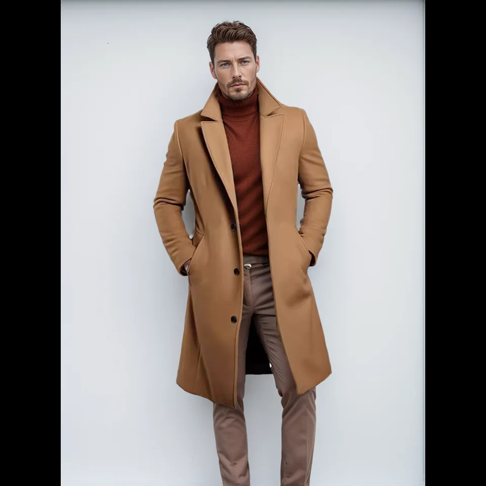Mens jacket Warm mid length solid color autumn and winter wool jacket 241112