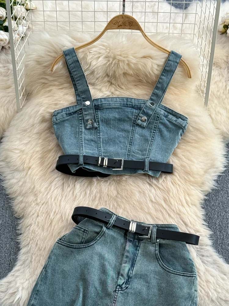 Women Denim Skirts Suit Sleeveless Strapless Sashes Vest Tops Highwaisted Slimming Split ALine Skirt Summer Jeans Set 240412