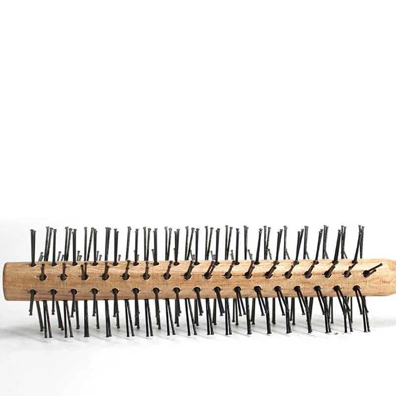 Mini round nylon hair brush with curly styling comb suitable for thin or short haired men with wooden handle W241112