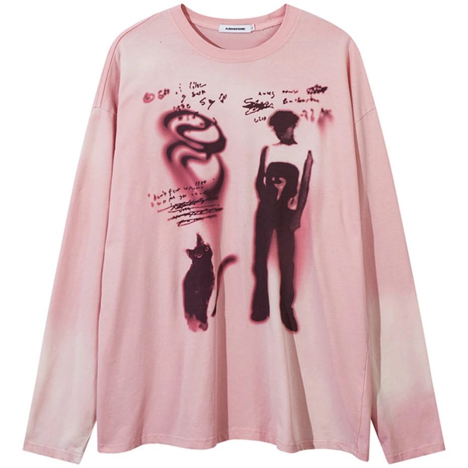 Mens retro long sleeved T-shirt cartoon pattern hip-hop oversized T-shirt unisex casual loose T-shirt top street Y2K T-shirt 241112