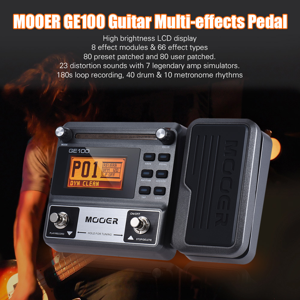 GE100 Guitar Pedal Multi-effects Processor Effect Pedal with Loop Recording Max Time 180s 8 effect modules 40 Drum rhythms