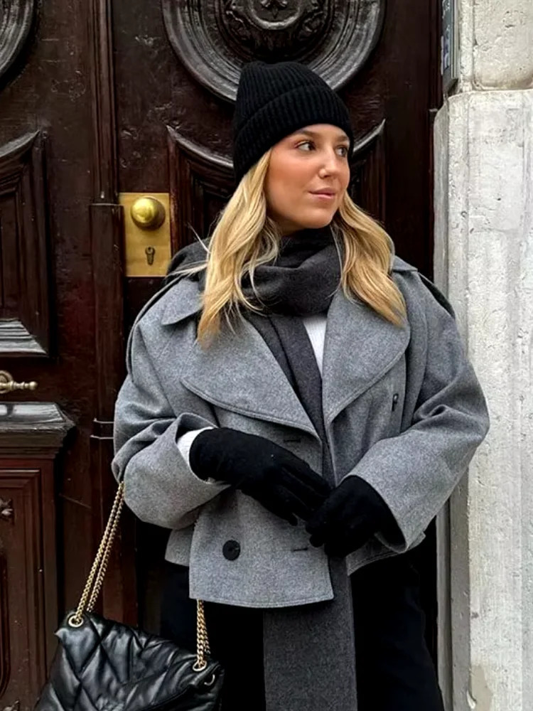 Women Solid Lapel Double Breasted Short Jacket Chic Long Sleeves Loose Woolen Cropped Coat Ladies Commute Street Outerwear 241112