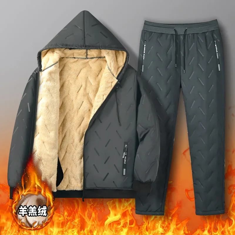 Winter Wool Fleece Parka Sets Men Warm Tracksuits Thick Lamb Two Pieces Set Mens Tracksuit Hooded Jacket Pants 241111