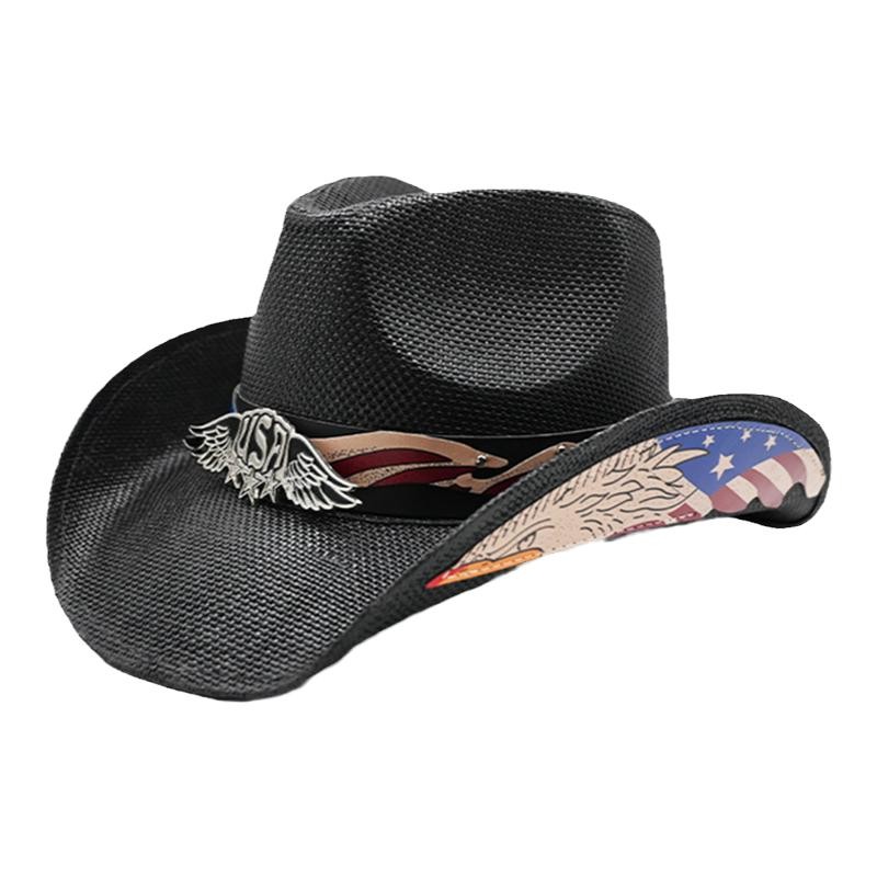 Retro USA Printing Leather Band Women Men Hard Straw Riding Wide Brim Outdoor Beach Cowboy Cowgirl Western Sun Hat Sunscreen 7bfc0