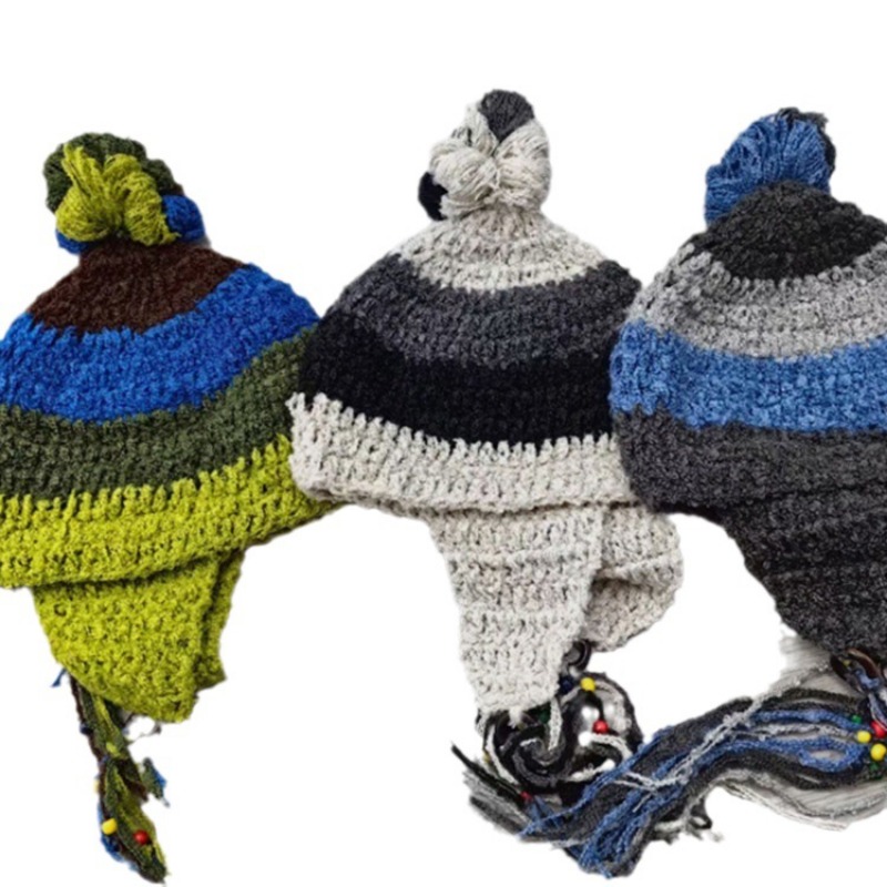 Y2K Autumn Winter Crochet Hats for Women Ears Warm Blue Green Beanies Female Preppy Windproof Cap Earflap Bomber Hat Gorra 002e8