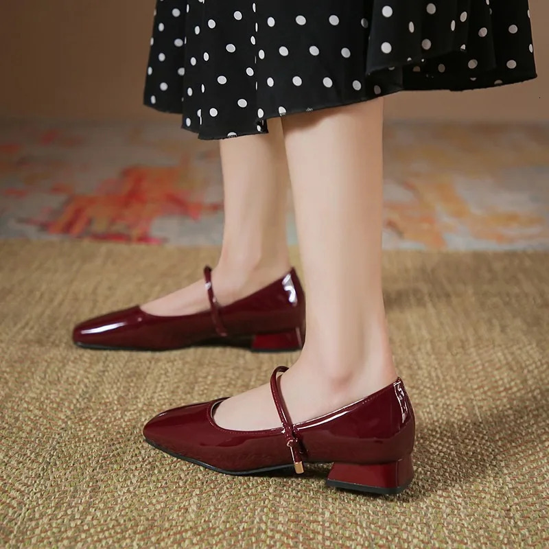 High Heels French Dress Party Shoes for Woman Platform Patent Leather Mary Jane Burgundy Black Square Toe Mid-heel Pumps 2024 241112