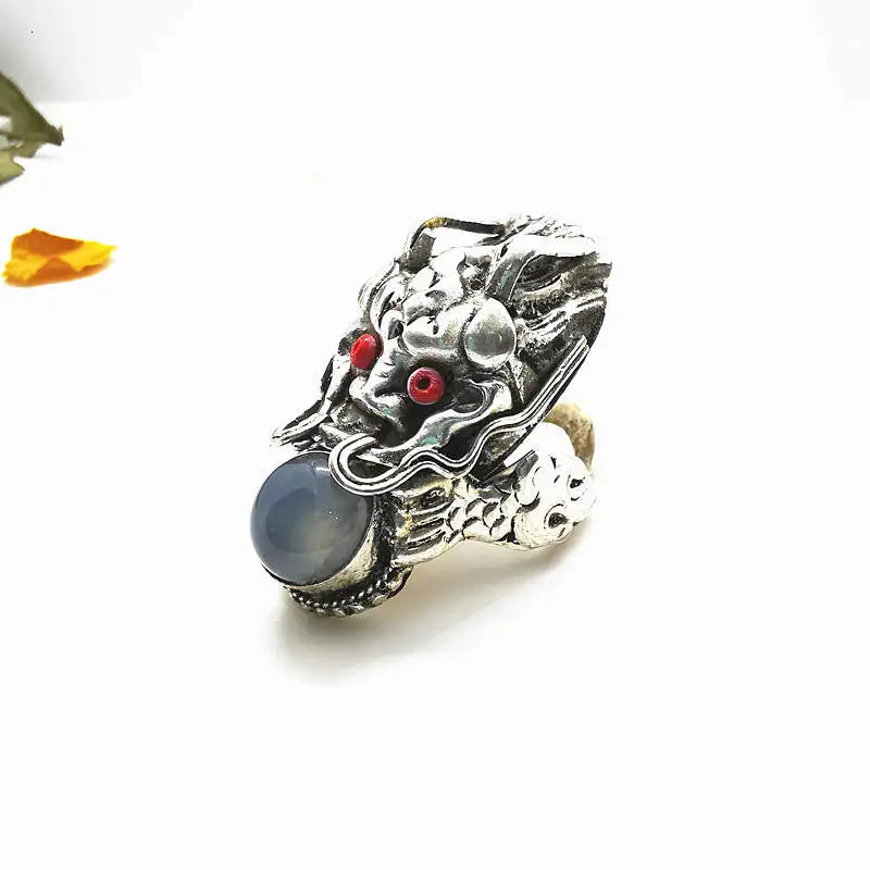 Tibet Amulet Rings for Man Copper inlaid Various Beads Big Dragon Head Ring R024240412