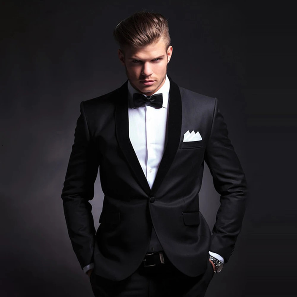 Black Men Suits Slim 2 Piece Fashion Shawl Lapel Single Button Smart Casual Wedding Groom Tuxedo Male Suit Blazer with Pants 241111