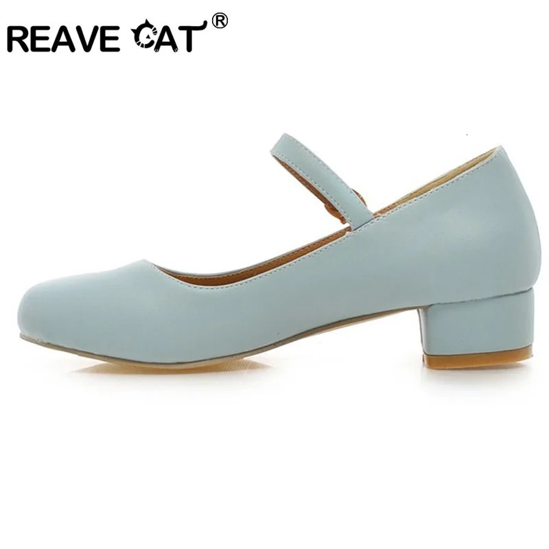 REAVE CAT Buckle Sapatos Femininos Big size 34~43 Spring Summer Women Shoes Sandals 3.5cm Mid Heels Blue Beige QL4861 241112