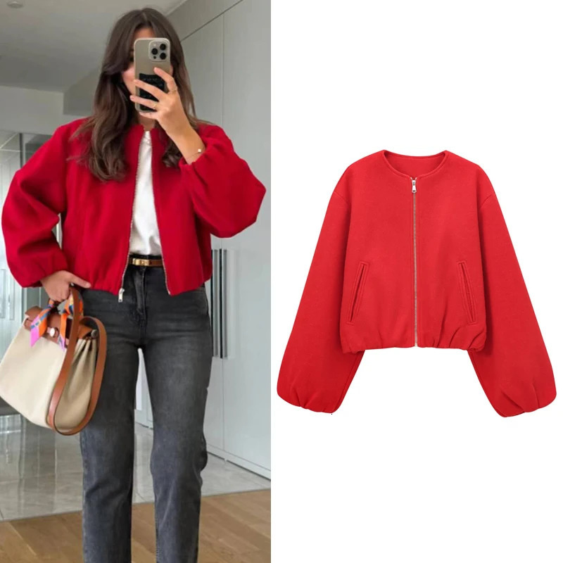 HXAO Autumn Womens Womens Jacket Soft Coarse Floral Crop Jacket Red Grey Beige Jacket Long Sleeve Oversized Jacket Casual Jacket 241111