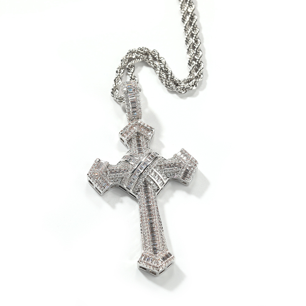 Hip Hop Cross Pendants Necklace Platinum Plated Men Women Lover Gift Religious Jewelry with Leather Rope Chain