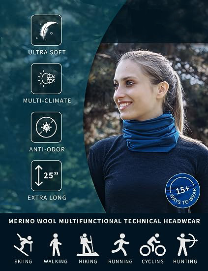 Unisex Merino Wool Ski Neck Gaiter Face Mask Neck Warmer for Men Women 100% Merino Wool Lightweight Thermal Headwear Wool Scarf 308d0