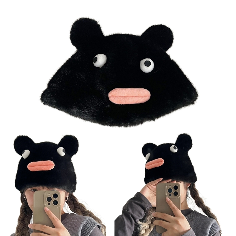 Girls Funny Plush Bear Beanie 3D Mouth Cap Women Outdoor Sports Hiking Hat M6CD