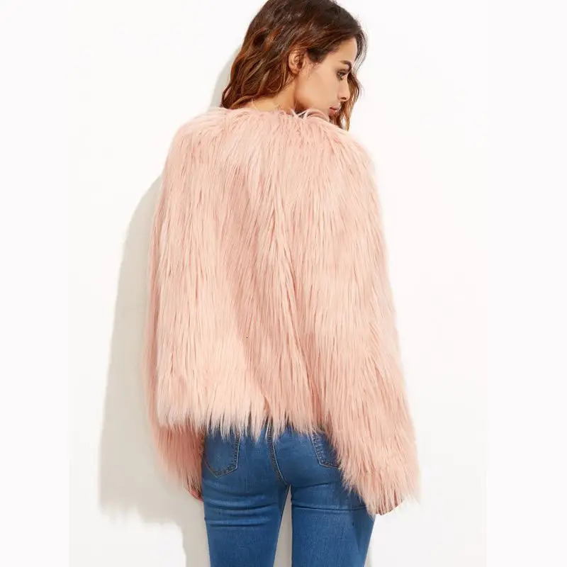 Furry Fur Coat Women Fluffy Warm Long Sleeve Outerwear Autumn Winter Jacket Hairy Collarless 241112