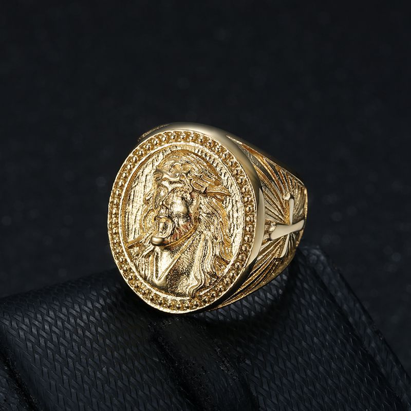 Hip Hop Jesus Face Casting Ring Vacuum Gold Plated Stainless Steel Mens Religious Jewelry