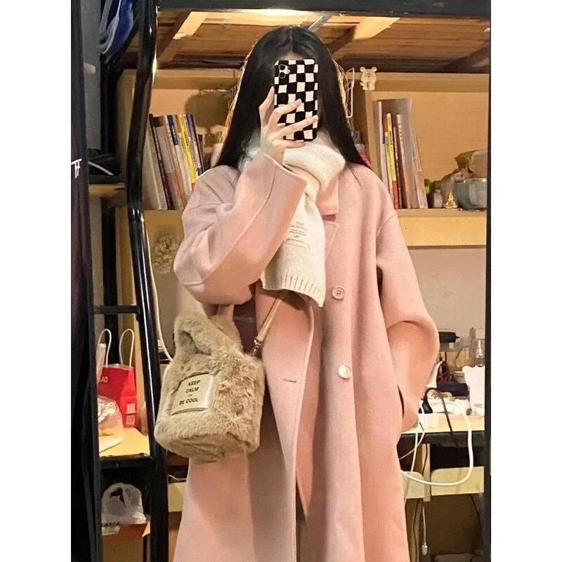 Pink coat womens loose medium long wool jacket autumn/winter Korean fashion trend jacket 241111