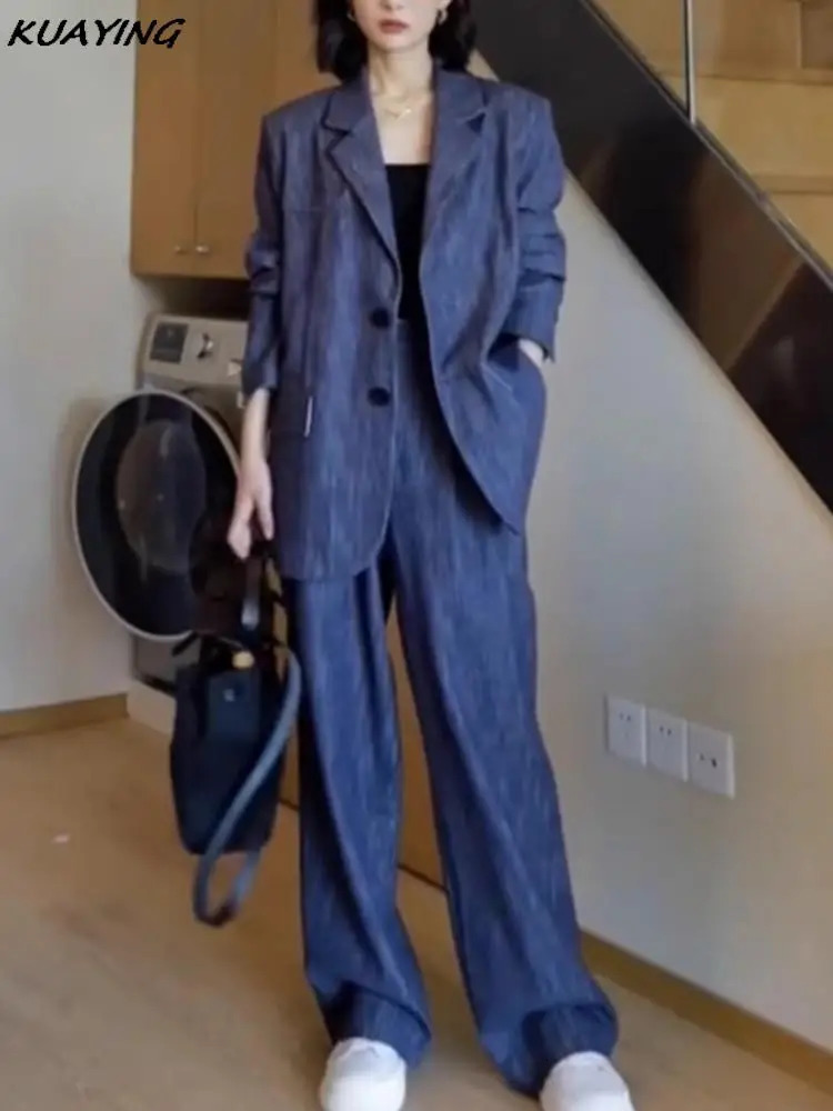Autumn Women Denim Blazer Pantsuit Korean Fashion Vintage Wide Leg Pants 2 Piece Set Female Business Casual Trousers Outfits 241112