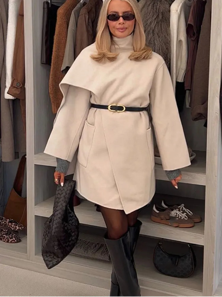 Elegant Cropped Cape Collar Thicken Warm Jackets Womens Fashion Irregular Oversized Pockets Woolen Coats Lady Chic Streetwear 241112