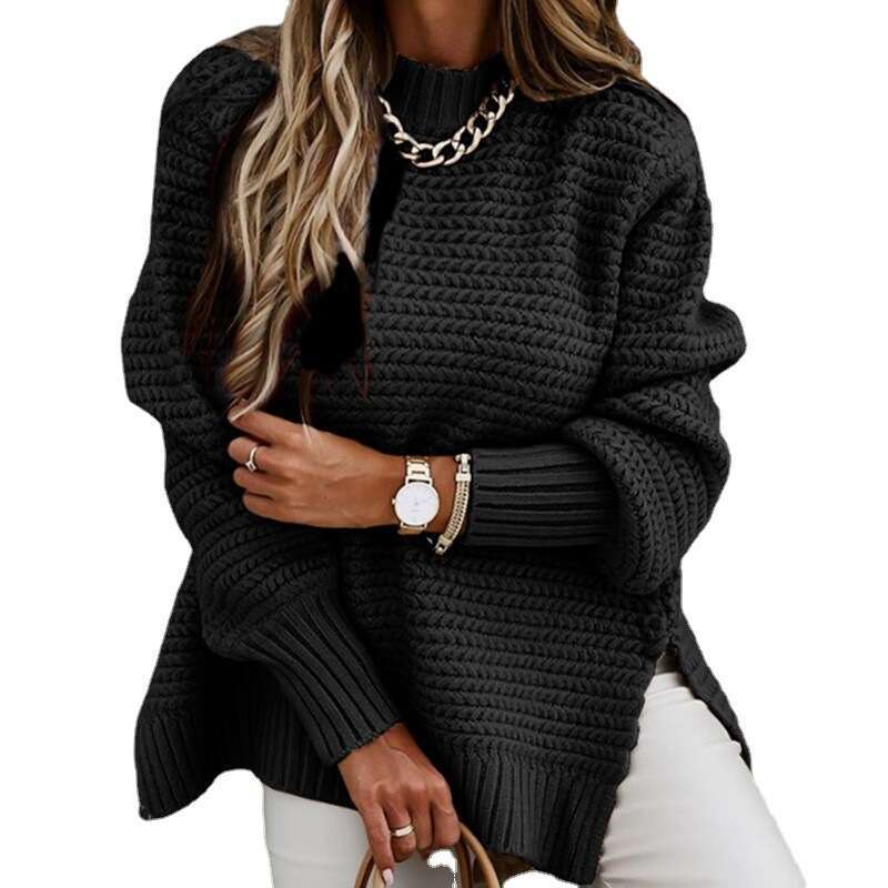 2024 Autumn/Winter New Half High Collar Loose Solid Color Long Sleeve Coarse Needle Side Split Knitted Sweater for Women