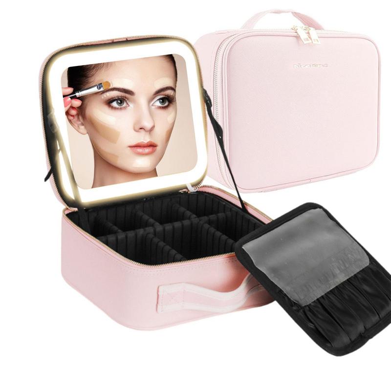 Smart LED Makeup Bag With Mirror Large Capacity Waterproof PU Leather Travel Cosmetic Case For Women Jewelry Box Organizer Case 1697d