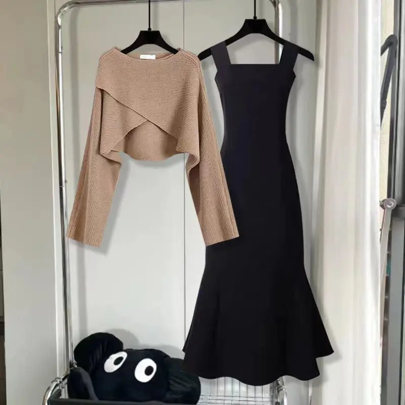 Spring and summer season set womens Korean version fishtail skirt temperature knitted front two-piece set 241112