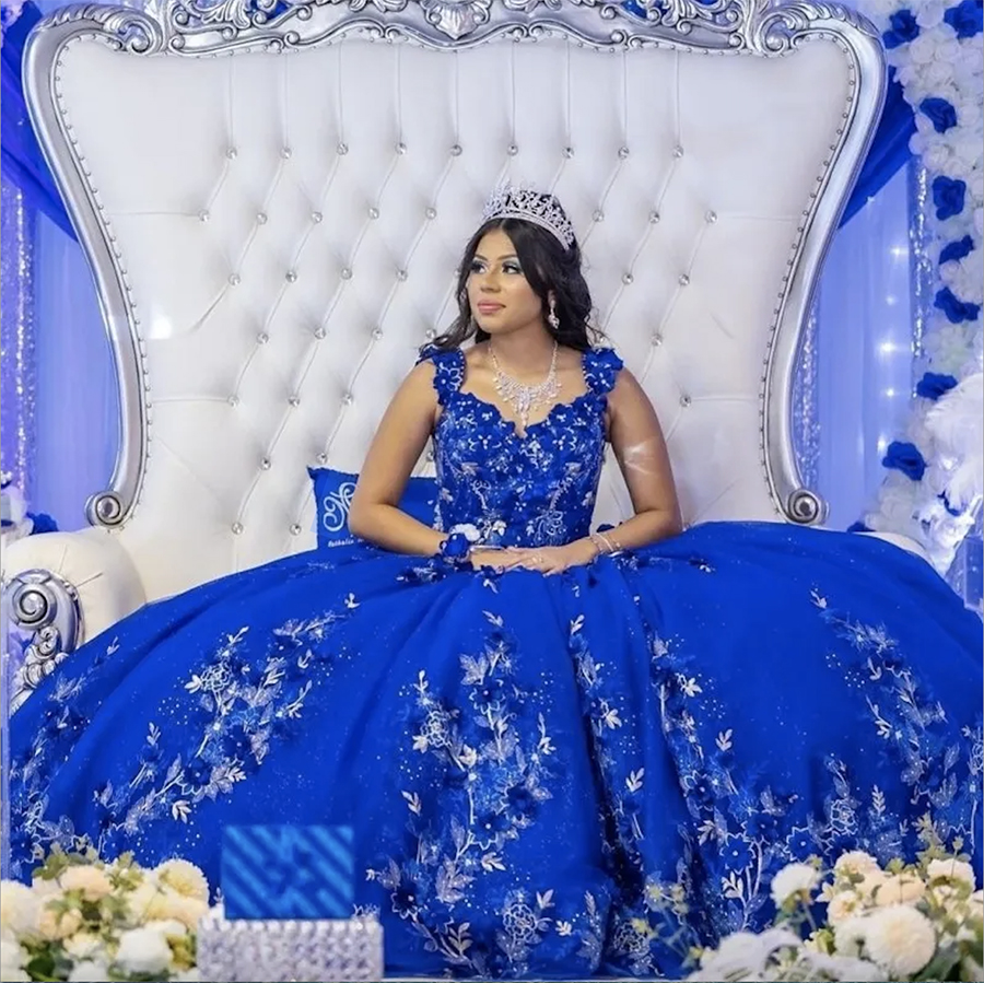 Blue Shiny Quinceanera Dresses Ball Gown 3Dral Appliques Lace Sleeveless Off Shoulder Handmade wers Sweet 15 Vestidos De XV Anos 0707