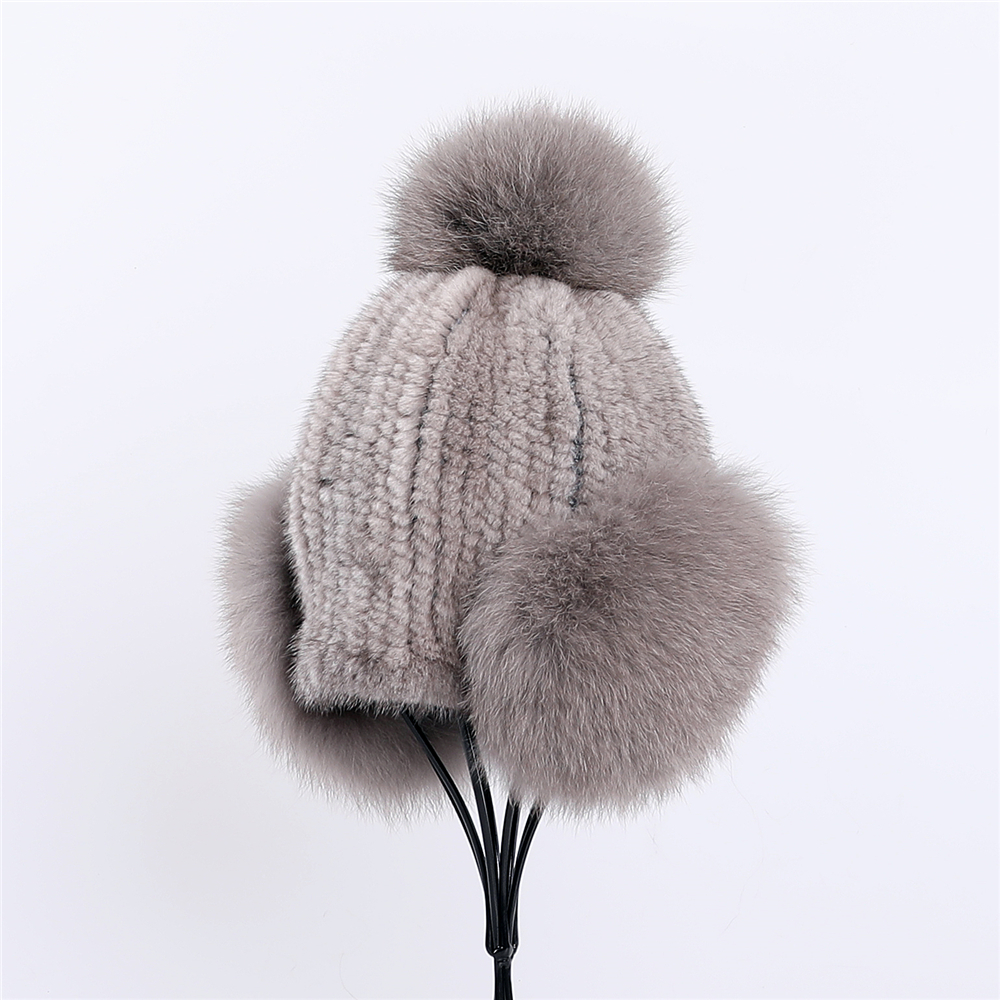 Women's Winter Warm 100% Genuine Mink Knitted Beanie Hat Bomber Caps Fox Fur Ear Warmer Cover Hats Pom Elastic