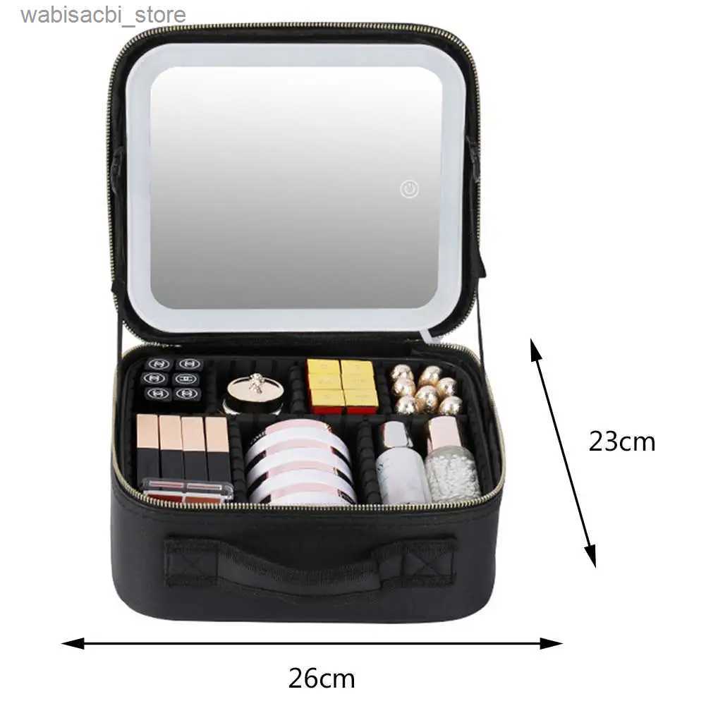 Cosmetic Bags Smart LED Cosmetic Case with Mirror Women Makeup Bag Portable Large Capacity Simple PU Leather Casual for Weekend Vacation L49
