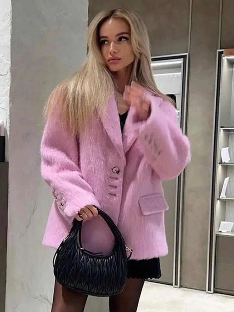 Pink Lapel Woolen Plush Coat Elegant Long Sleeve Button Office Lady Blazer Jacket 2024 Winter Fashion Packet Loose 241112