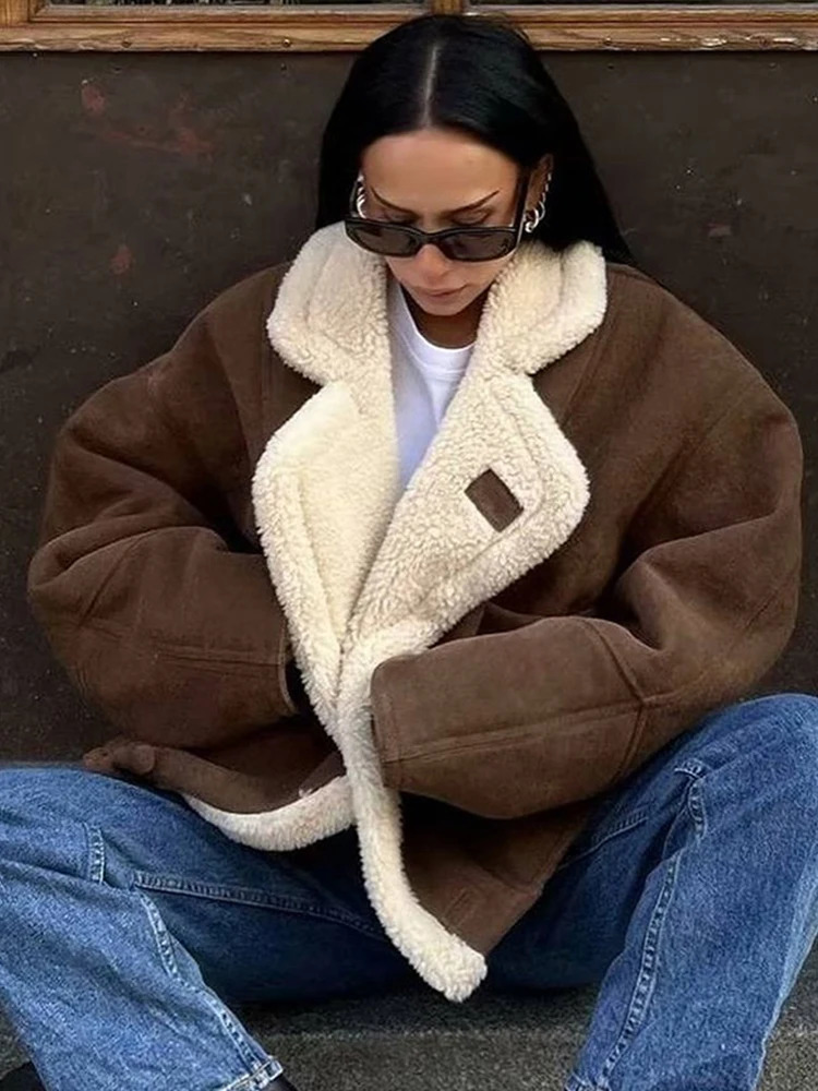 Retro artificial leather warm jacket with thick and fluffy splicing large collar jacket for women long sleeved jacket for women winter womens street j