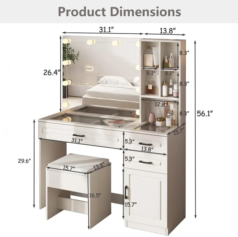 White Vanity Desk with Mirror and Lights,Glass Top Vanity Table with 3 Drawers and Cabinets,Large HD Mirror Makeup Desk,45 in(L)