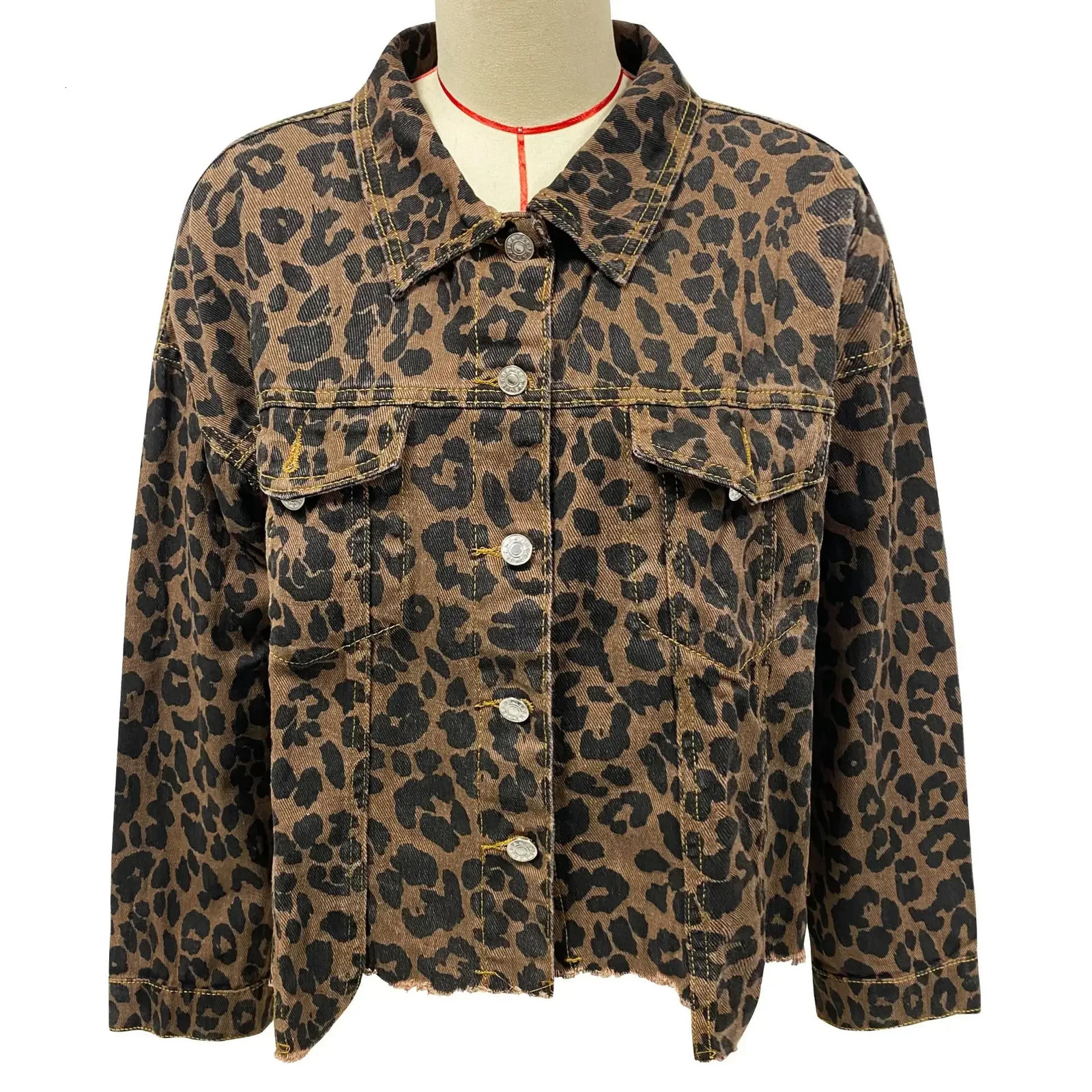 Mandylandy autumn denim jacket leopard print long sleeved loose casual jacket for women with torn pockets denim jacket 241112