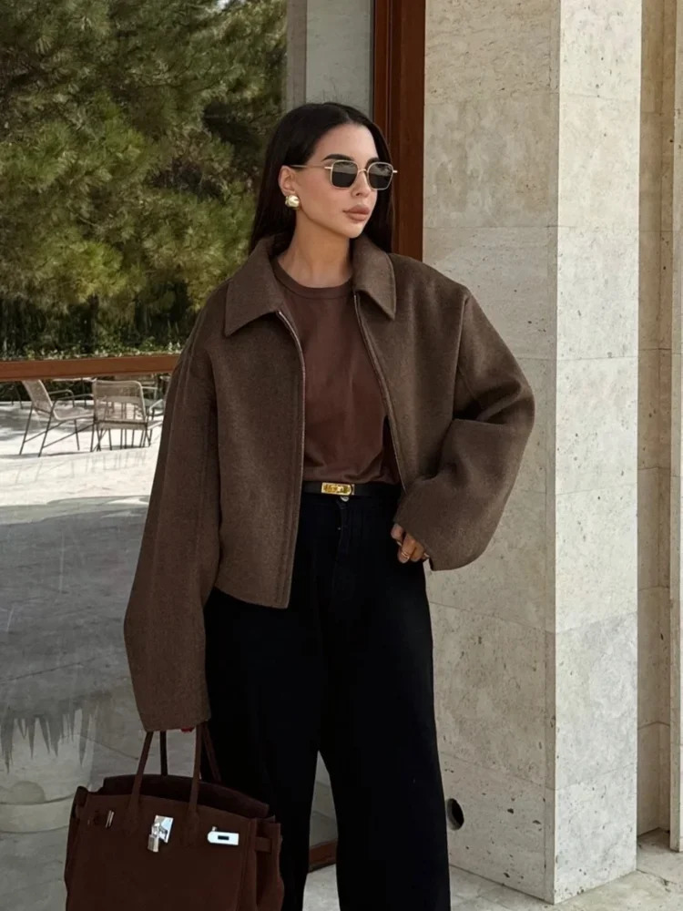 Women Casual Solid Short Woolen Coat Elegant Lapel Long Sleeve Zipper Baseball Jacket Autumn Lady Chic Street Outwear 241112