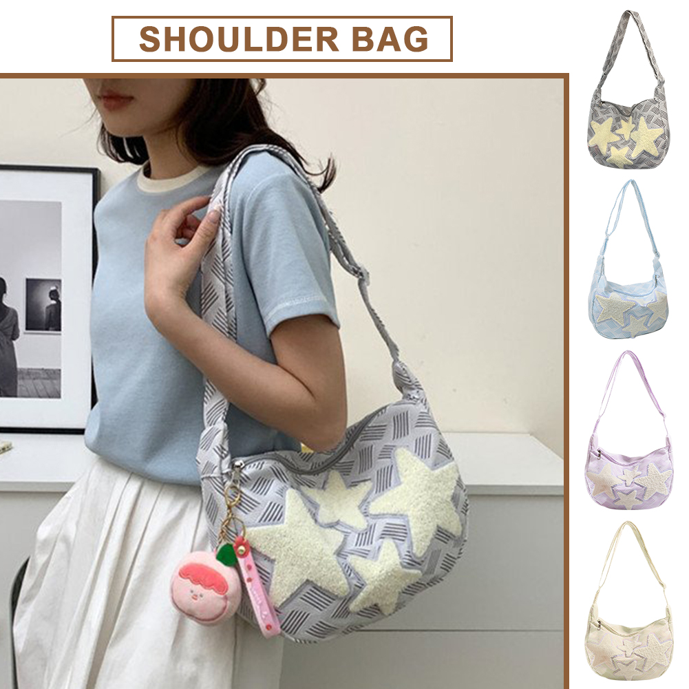 Women Lovely Shoulder Bag Large Capacity Canvas Daily Shopping Bag Star Applique Y2K Street Style School Bag for Teens Students