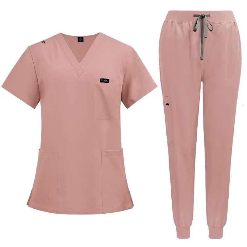 Scrubs Uniform Suit Short Sleeve V-neck Topsjogger Pants Set Nursing Uniform Women Multicolor Pet Doctor Scrub Workwear 241112