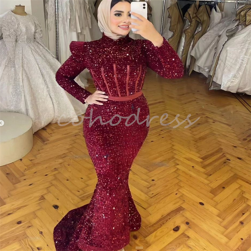 Glitter Dark Red Arabia Dubai Evening Dresses Sparkly Sequin Mermaid Muslim Prom Dress Long Sleeve Birthday Formal Abaya Reception Party Gowns Vestio 