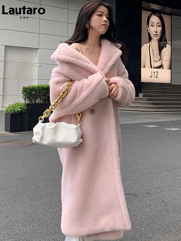 Lautaro Winter Ultra slim Pink Thick Warm Teddy Coat Womens Double Chest Loose Casual Style European Faux Fur Coat 241112