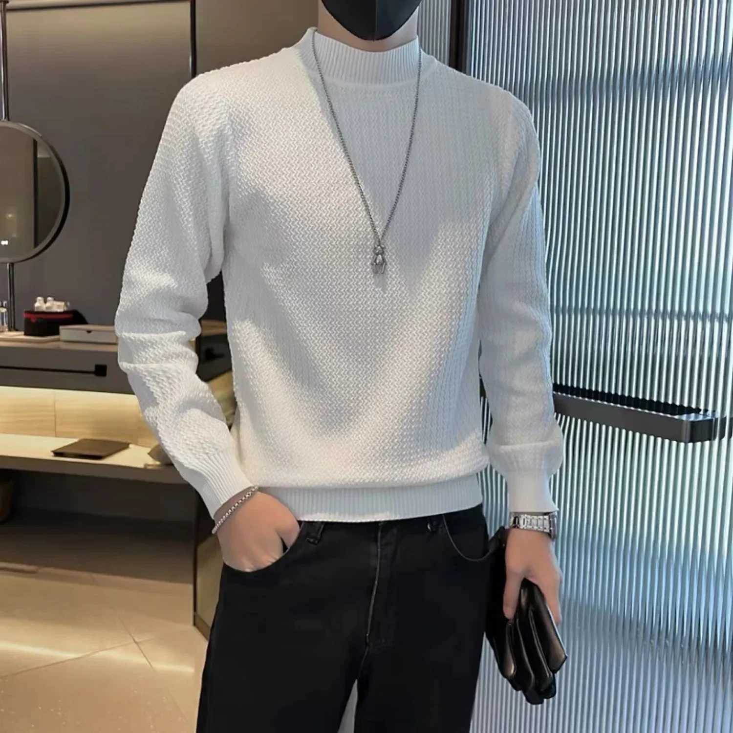 Mens solid color half neck knitted sweater mens clothing blue floral pattern turtle neck Korean autumn loose fit suitable for knitting W2411111