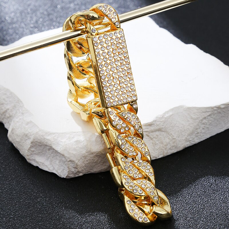 Hip Hop Gold Chuncky ID And Cuban Chain Bracelet Full Crystal Bling Big Size Trendy Men Jewelry Accessory 5