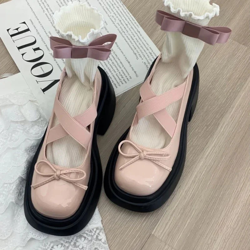 Bow Women Platform Marie Jane Shoes Mid Heels Fashion Sandals 2024 Summer Thick Pumps Casual Chunky Women Lolita Shoes 241112