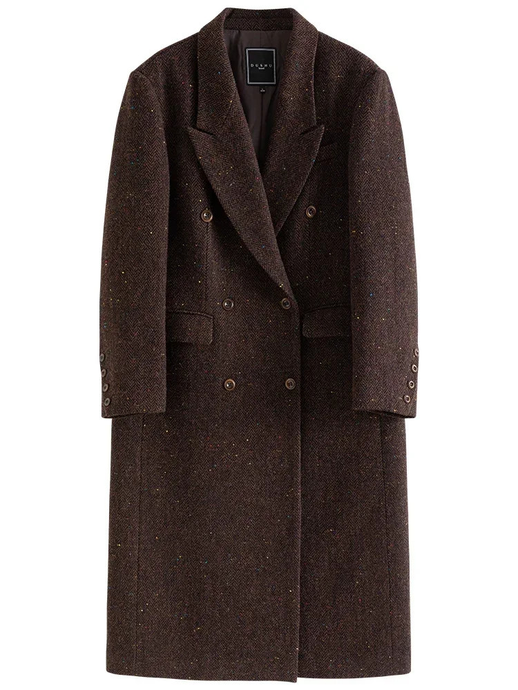 DUSHU Retro Sense Dark Coffee Brown Color Double Breasted Long Wool Coat for Women 2023 Winter Chic n Woolen Female 241112