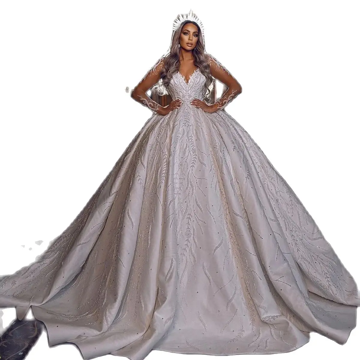 Gorgeous A Line Women Wedding Dress Sheer Neck Long Sleeves Bridal Gowns Sequins Lace Sweep Train Dress Custom Made vestidos de novia