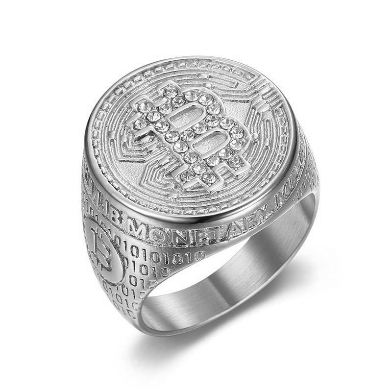 Hip Hop Casting Bitcoin Ring Titanium Steel With Zircon Jewelry Silver Color
