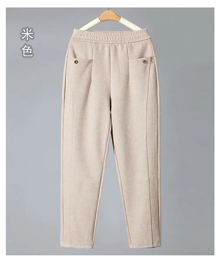 Thick Velvet Elastic Waist Hare Pants Womens High Waist Loose Middle Aged Pocket Fashion Solid Loose Pants 241112