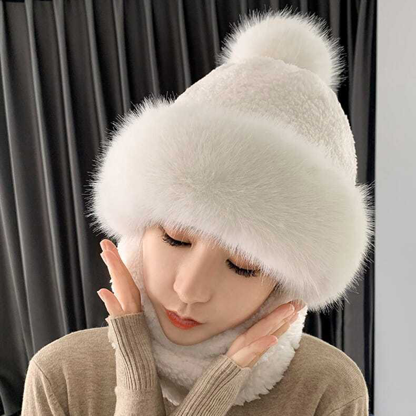 Beanie Elastic with Face-covering Windproof Winter Scarf Set Hooded Soft Plush Warmth Women Hat Outdoor Ski