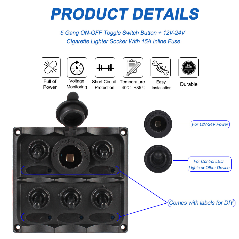 Car Marine LED Rocker Switch Panel Voltmeter/Cigarette Lighter Plug Waterproof 5 Gang DC 12v Circuit Breaker