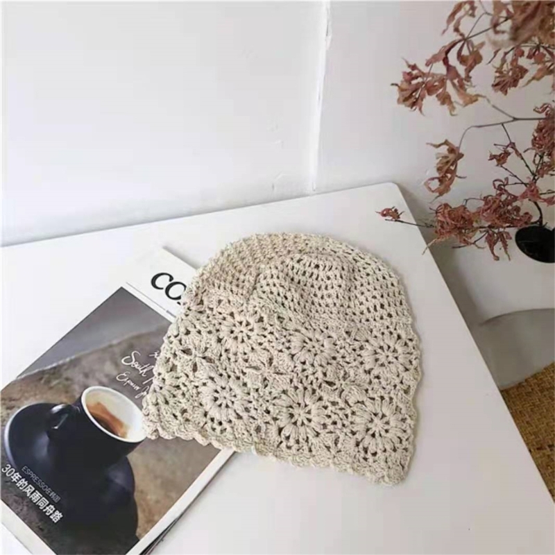 Slouchy Beanie Handmade Crochet Soft Knit Hat Cutout Floral Skull Cap for Girls Dropship